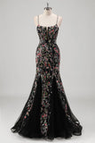 Sparkly Black Mermaid Spaghetti Straps Floral Tulle Prom Dress with Beading