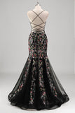 Sparkly Black Mermaid Spaghetti Straps Floral Tulle Prom Dress with Beading