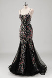 Sparkly Black Mermaid Spaghetti Straps Floral Tulle Prom Dress with Beading