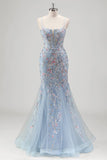 Sparkly Light Blue Floral Mermaid Corset Tulle Beaded Prom Dress with Embroidery