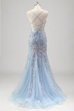 Light Blue Mermaid Spaghetti Straps Corset Tulle Floral Long Prom Dress with Beading