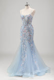 Sparkly Light Blue Floral Mermaid Corset Tulle Beaded Prom Dress with Embroidery