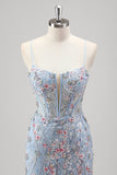 Sparkly Light Blue Floral Mermaid Corset Tulle Beaded Prom Dress with Embroidery