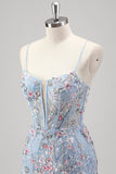 Sparkly Light Blue Floral Mermaid Corset Tulle Beaded Prom Dress with Embroidery