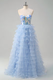 Sparkly Blue A Line Sweetheart Keyhole Tiered Corset Mirror Prom Dress With Sequins