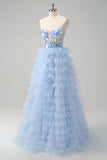 Sparkly Blue A Line Sweetheart Keyhole Tiered Corset Mirror Prom Dress With Sequins