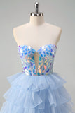 Sparkly Blue A Line Sweetheart Keyhole Tiered Corset Mirror Prom Dress With Sequins