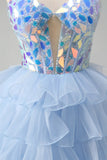 Sparkly Blue A Line Sweetheart Keyhole Tiered Corset Mirror Prom Dress With Sequins