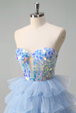 Sparkly Blue A Line Sweetheart Keyhole Tiered Corset Mirror Prom Dress With Sequins