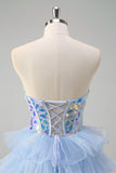 Sparkly Blue A Line Sweetheart Keyhole Tiered Corset Mirror Prom Dress With Sequins