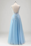 Light Blue A Line Open Back Corset Floral Appliques Beaded Prom Dress with Slit