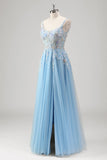 Light Blue A Line Open Back Corset Floral Appliques Beaded Prom Dress with Slit