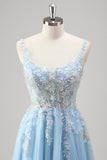 Light Blue A Line Open Back Corset Floral Appliques Beaded Prom Dress with Slit