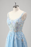 Light Blue A Line Open Back Corset Floral Appliques Beaded Prom Dress with Slit