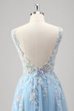 Light Blue A Line Open Back Corset Floral Appliques Beaded Prom Dress with Slit