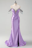 Sparkly Lilac Mermaid Cold Shoulder Pleated Prom Dress With Sequin Tassels