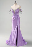 Sparkly Lilac Mermaid Cold Shoulder Pleated Prom Dress With Sequin Tassels