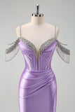 Sparkly Lilac Mermaid Cold Shoulder Pleated Prom Dress With Sequin Tassels