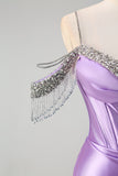 Sparkly Lilac Mermaid Cold Shoulder Pleated Prom Dress With Sequin Tassels