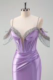 Sparkly Lilac Mermaid Cold Shoulder Pleated Prom Dress With Sequin Tassels