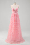 Pink Tulle A Line Spaghetti Straps Open Back Tiered Long Prom Dress