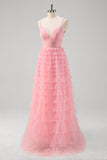 Pink Tulle A Line Spaghetti Straps Open Back Tiered Long Prom Dress