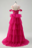 Hot Pink A-Line Cold Shoulder Tulle Tiered Sequin Long Prom Dress with Appliques