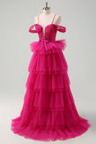 Hot Pink A-Line Cold Shoulder Tulle Tiered Sequin Long Prom Dress with Appliques