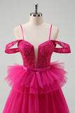 Hot Pink A-Line Cold Shoulder Tulle Tiered Sequin Long Prom Dress with Appliques