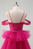 Hot Pink A-Line Cold Shoulder Tulle Tiered Sequin Long Prom Dress with Appliques