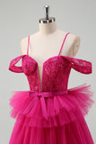 Hot Pink A-Line Cold Shoulder Tulle Tiered Sequin Long Prom Dress with Appliques