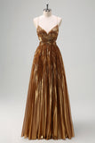 Sparkly Golden A-Line Cut Out Ruched Long Metallic Prom Dress with Lace Up Back