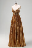 Sparkly Golden A-Line Cut Out Ruched Long Metallic Prom Dress with Lace Up Back