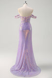 Sparkly Lilac Mermaid Off The Shoulder 3D Flowers Sequin Prom Dress with Slit