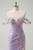 Sparkly Lilac Mermaid Off The Shoulder 3D Flowers Sequin Prom Dress with Slit