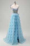 Sparkly Light Blue A-Line Spaghetti Straps Beaded Tiered Prom Dress with Ruffle Slit