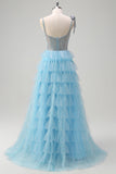 Sparkly Light Blue A-Line Spaghetti Straps Beaded Tiered Prom Dress with Ruffle Slit