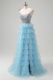 Sparkly Light Blue A-Line Spaghetti Straps Beaded Tiered Prom Dress with Ruffle Slit