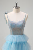 Sparkly Light Blue A-Line Spaghetti Straps Beaded Tiered Prom Dress with Ruffle Slit