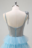 Sparkly Light Blue A-Line Spaghetti Straps Beaded Tiered Prom Dress with Ruffle Slit