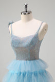 Sparkly Light Blue A-Line Spaghetti Straps Beaded Tiered Prom Dress with Ruffle Slit