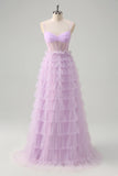 Light Purple A-Line Spaghetti Straps Sheer Corset Tiered Long Prom Dress with Ruffles