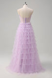 Light Purple A-Line Spaghetti Straps Sheer Corset Tiered Long Prom Dress with Ruffles