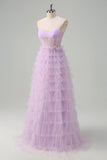 Light Purple A-Line Spaghetti Straps Sheer Corset Tiered Long Prom Dress with Ruffles