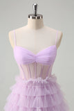 Light Purple A-Line Spaghetti Straps Sheer Corset Tiered Long Prom Dress with Ruffles