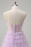 Light Purple A-Line Spaghetti Straps Sheer Corset Tiered Long Prom Dress with Ruffles