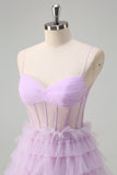 Light Purple A-Line Spaghetti Straps Sheer Corset Tiered Long Prom Dress with Ruffles