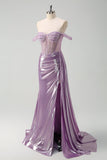 Light Purple Mermaid Off The Shoulder Streamer Corset Metallic Prom Dress with Slit