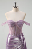 Light Purple Mermaid Off The Shoulder Streamer Corset Metallic Prom Dress with Slit