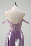 Light Purple Mermaid Off The Shoulder Streamer Corset Metallic Prom Dress with Slit